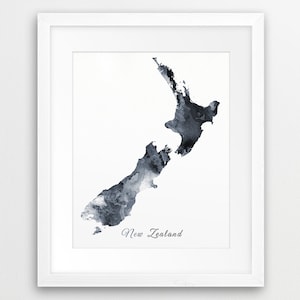 Neuseeland Aquarell Karte, Neuseeland Wandkunst, Neuseeland Aquarell grau schwarz weiß, Kartenkunst, Reise, moderne Wandkunst, druckbare Kunst
