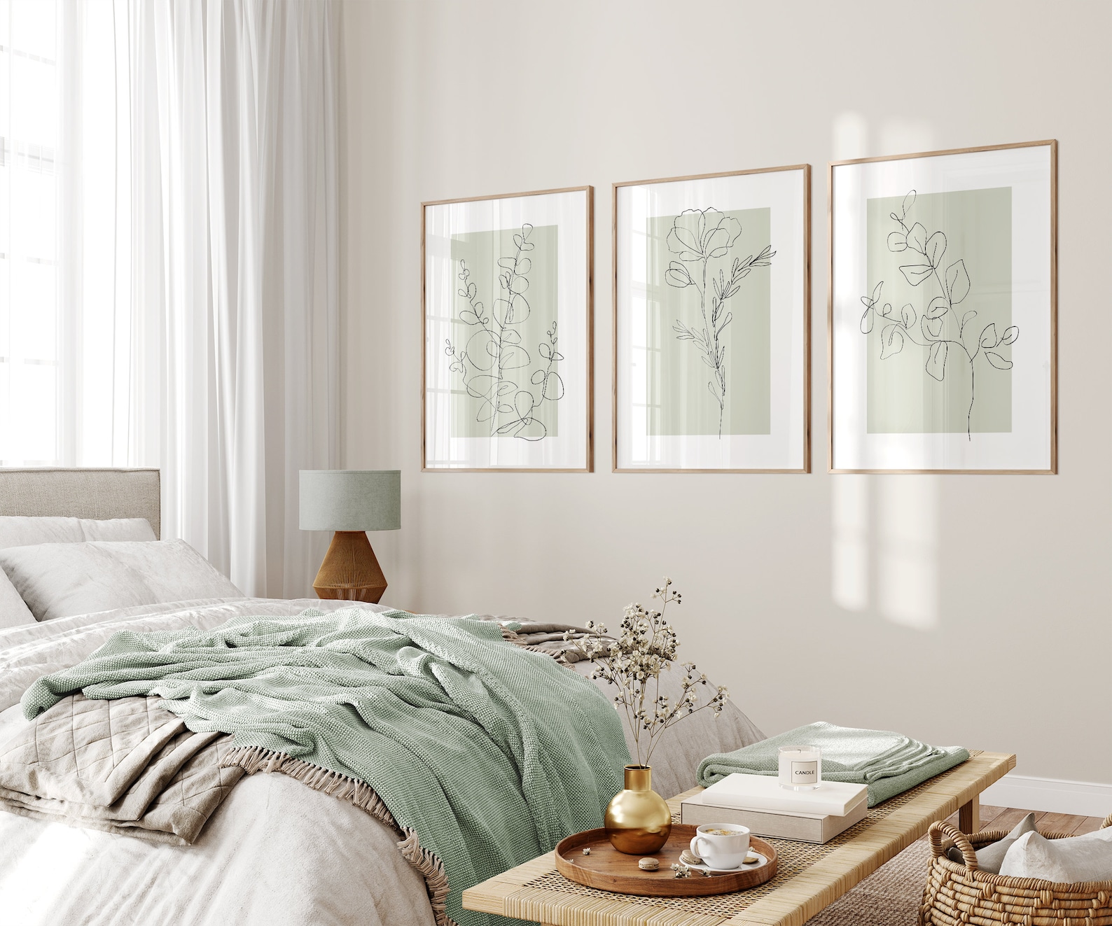 Sage Green Wall Art Prints, Botanical Line Art, Set of 3 Prints ...