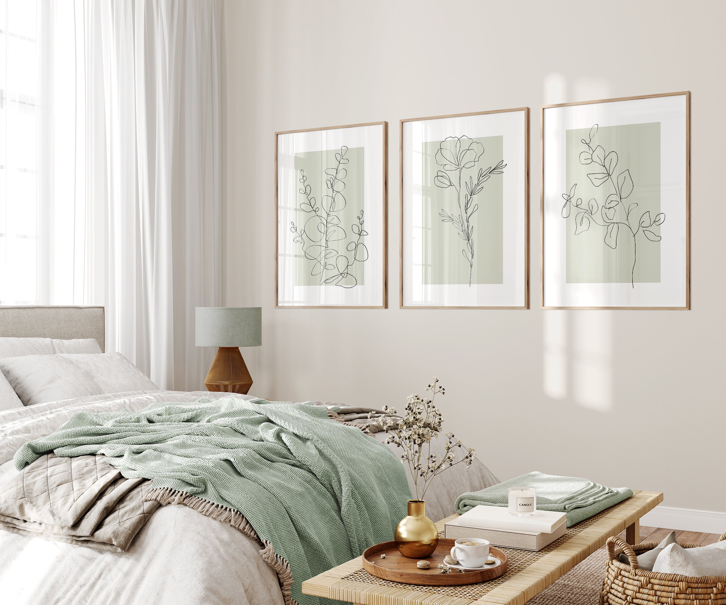 Sage Green Wall Art Prints, Botanical Line Art, Set of 3 Prints ...