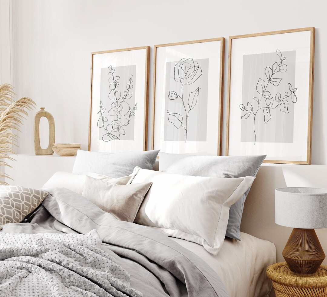 Neutral Wall Art Prints, Botanical Line Art, Set of 3 Gray Plant Prints ...