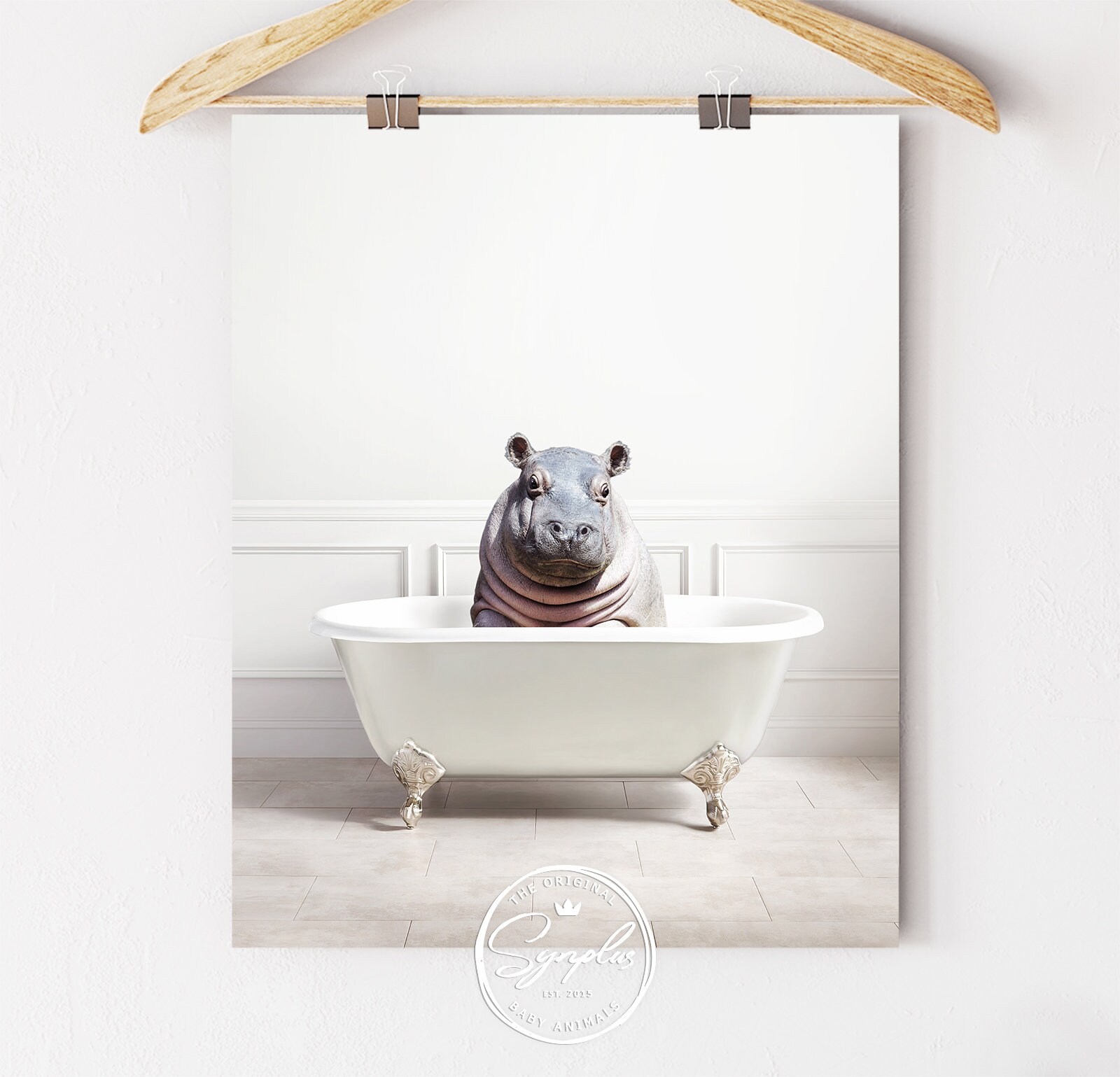 Baby Hippo in Bathtub Baby Hippo Bathing Animal Whimsy Art | Etsy