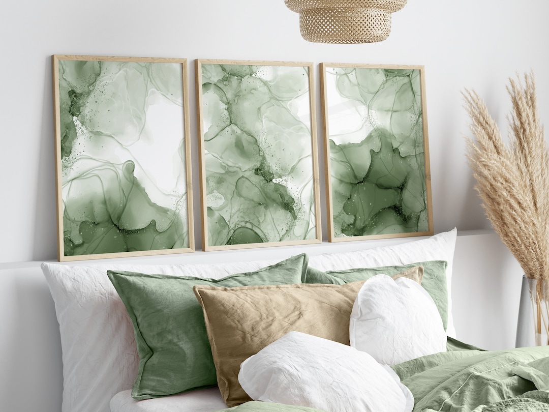 Sage Green Abstract Prints, Sage Green Wall Art, Set of 3 Prints