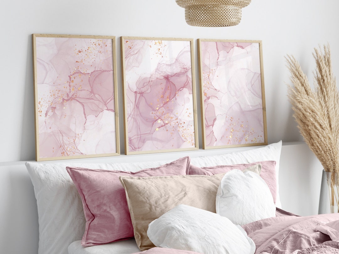 Pink Wall Art Prints Set of 3 Abstract Pink Gold Wall Art Etsy