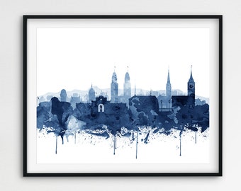 Zurich Skyline Print, Zurich City Watercolor Navy Blue, Zurich Switzerland Cityscape Wall Art, Home Office Decor, Poster, Gift Printable Art
