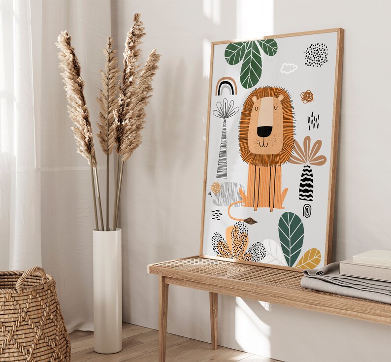 May include: A colorful illustration of a lion with a whimsical jungle scene. The lion is orange with a brown mane and a friendly expression. The background features green leaves, a rainbow, and abstract shapes in black, white, and orange.
