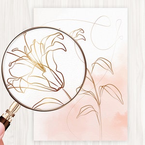 May include: A delicate line drawing of a lily flower in gold on a pink watercolor background. The lily is drawn with fine lines and details, creating a minimalist and elegant design.