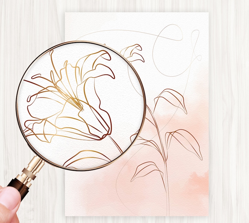 May include: A delicate line drawing of a lily flower in gold on a pink watercolor background. The lily is drawn with fine lines and details, creating a minimalist and elegant design.