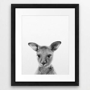 Impression de kangourou de bébé, art mignon de kangourou, art de mur de pépinière, animal australien, impressions animales noires et blanches, décor de pépinière, chambre d'enfants imprimable image 3