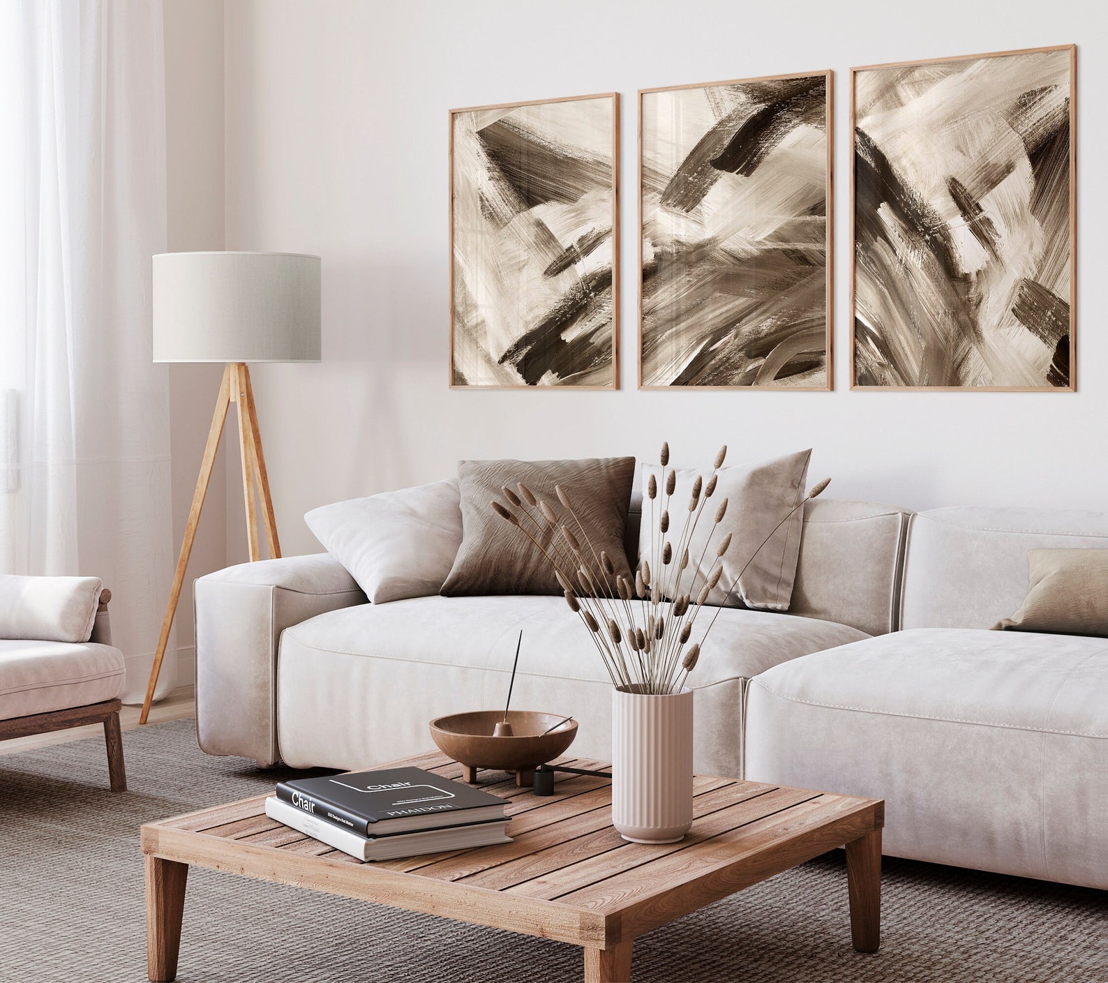 Neutral Abstract Wall Art Set of 3 Prints, Beige Brown Brush Strokes ...