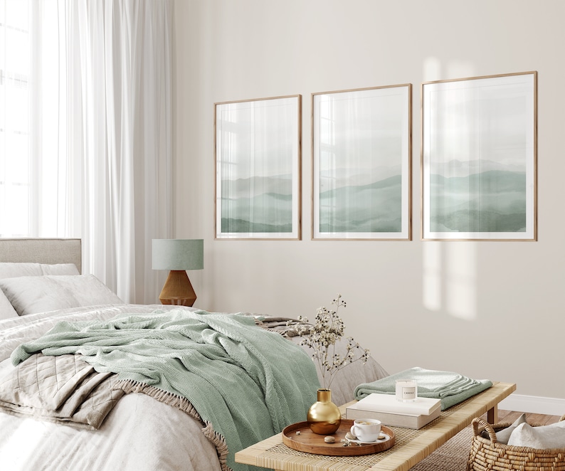 Sage Green Abstract Wall Art Prints, Set of 3 Landscape Watercolor Art ...