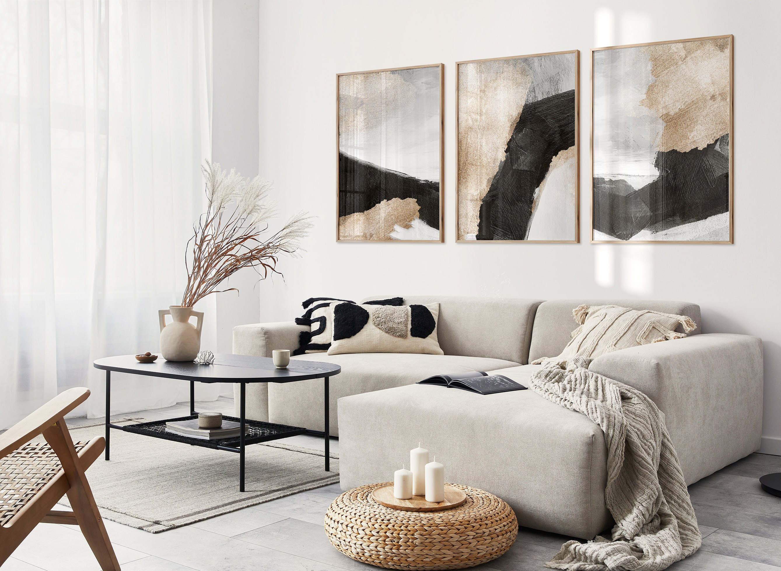 Minimalist Abstract Prints Set of 3, Beige Black Grey Brush Strokes Art ...