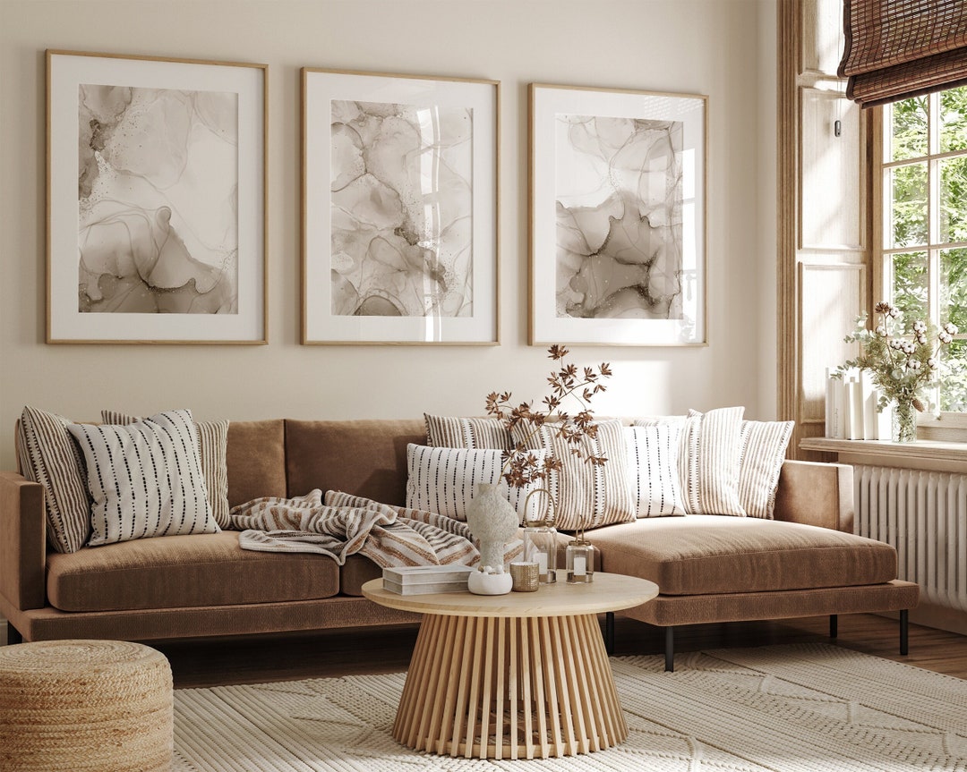 Beige Abstract Set of 3 Prints, Marble Wall Art Prints, Beige and White ...