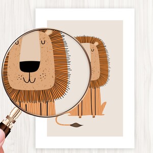 May include: A digital illustration of a lion with a brown and orange striped body and a brown mane. The lion has a friendly expression with closed eyes and a small smile.