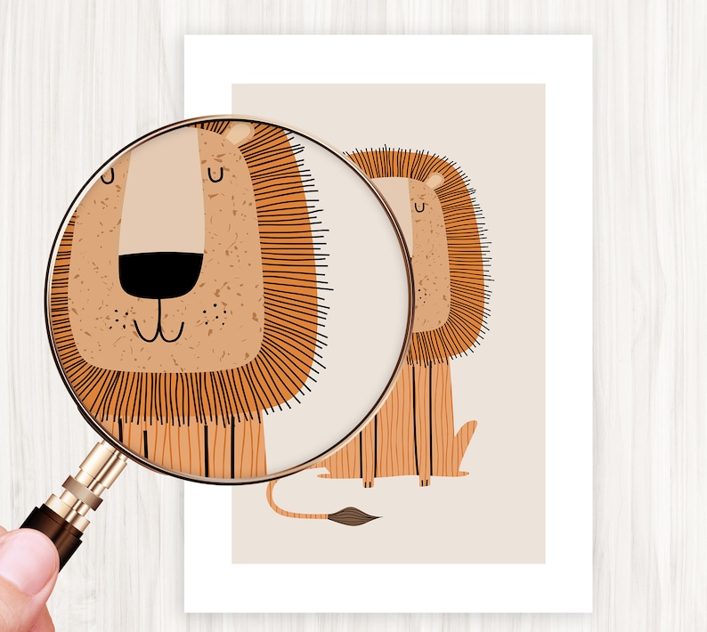 May include: A digital illustration of a lion with a brown and orange striped body and a brown mane. The lion has a friendly expression with closed eyes and a small smile.