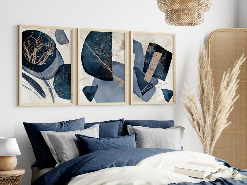 Set of 3 Abstract Prints Navy Blue Wall Art Blue & Gold - Etsy