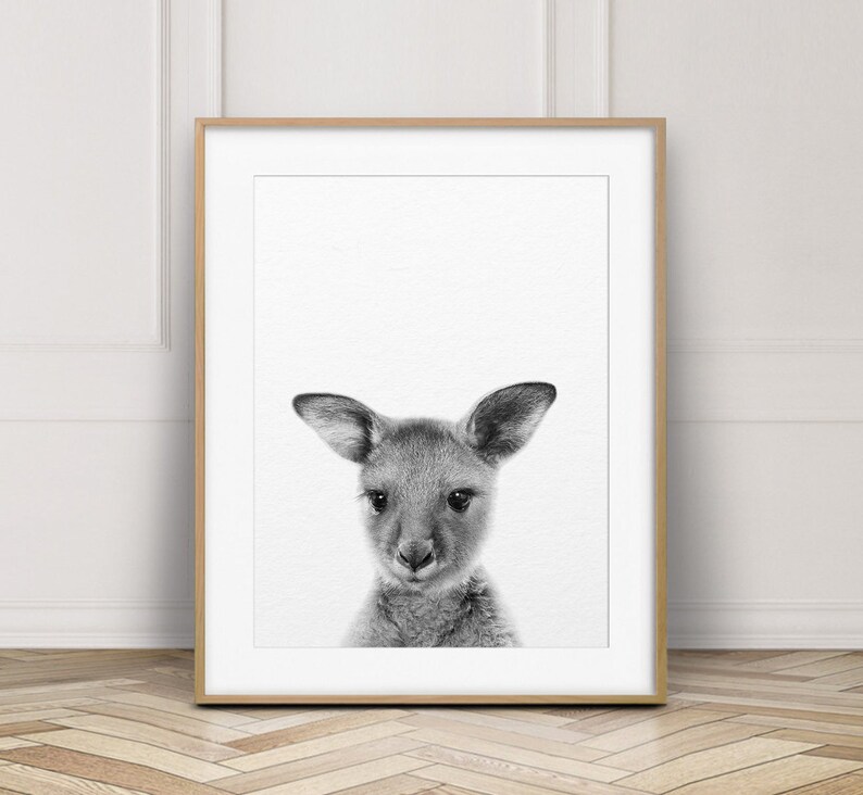 Impression de kangourou de bébé, art mignon de kangourou, art de mur de pépinière, animal australien, impressions animales noires et blanches, décor de pépinière, chambre d'enfants imprimable image 1