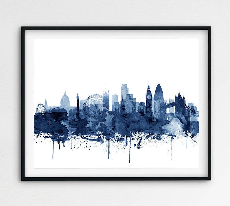 May include: A watercolor painting of the London skyline in shades of blue. The painting features iconic landmarks such as the London Eye, Big Ben, and Tower Bridge.