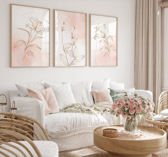 Beige and Pink Wall Art Prints, Botanical Line Art, Gold Effect Plant Prints Set of 3, Bedroom Living Room Wall Decor, Nursery Printable Art