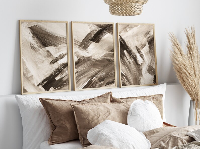 Neutral Abstract Wall Art Set of 3 Prints, Beige Brown Brush Strokes ...