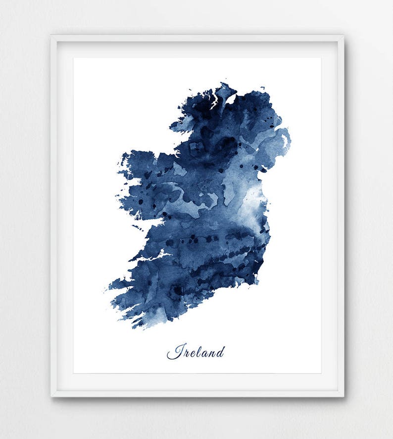 Ireland Map Print Ireland Wall Art Ireland Watercolor Blue Etsy