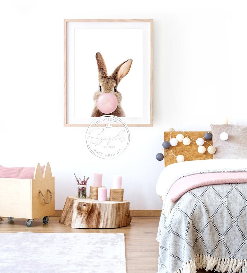 Baby Bunny Print, Baby Rabbit With Pink Bubble Gum, Woodland Nursery Decor, Baby Girl Nursery Wall Art, Baby Animals Printable Art, Synplus image 3