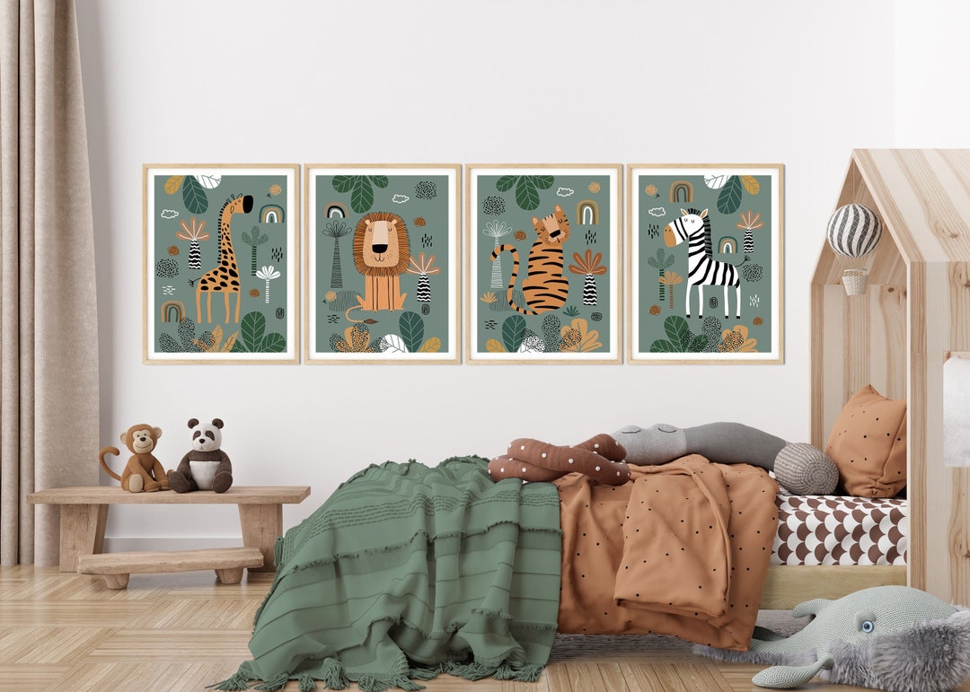 Safari Nursery Wall Prints, Boho Nursery Prints, Set of 4 Prints, Green ...