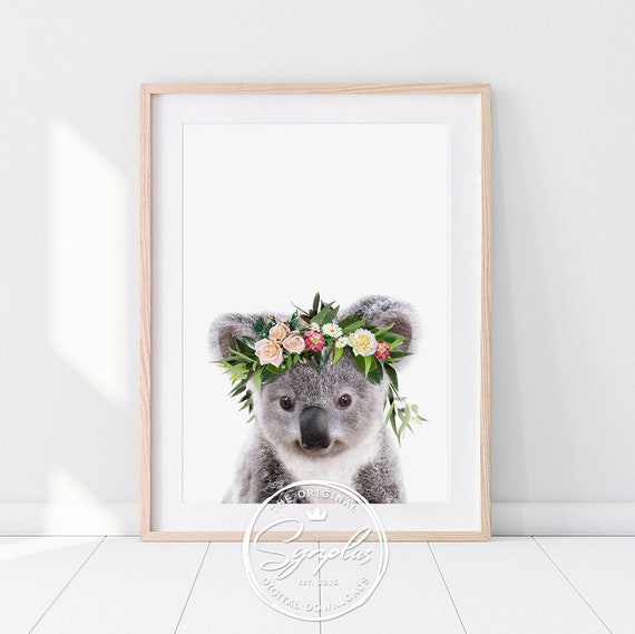 Baby Koala Print, Flower Crown, Nursery Decor, Australian Baby Animals, Nursery Wall Art, Girls Room Decor, Baby Girl Printable Art, Synplus