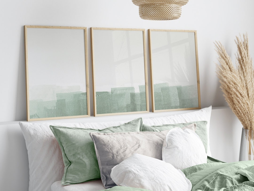 Set of 3 Sage Green Wall Art Prints, Minimalist Abstract Green Gray ...