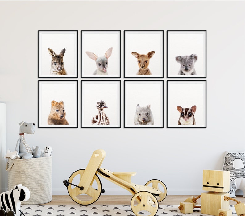 May include: A set of nine black framed prints featuring various Australian animals, including a kangaroo, a wombat, a koala, a sugar glider, an echidna, and a quokka. The prints are arranged in a grid pattern on a white wall.