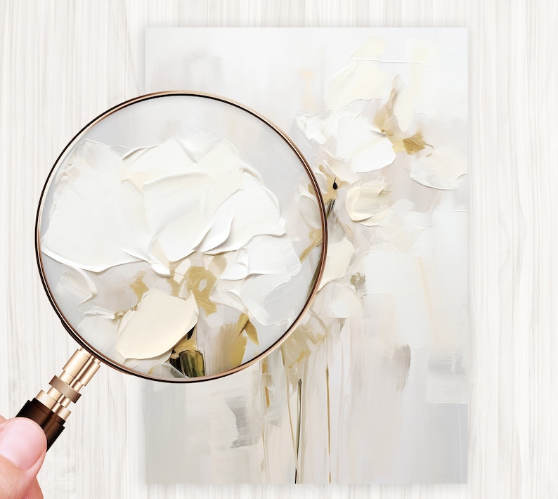 May include: A close-up of a white floral painting with a textured, brushstroke effect. The flowers are painted in shades of white and cream, with hints of gold.