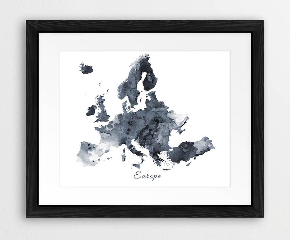 Europe Map Print Europe Watercolor Grey Black and White Etsy