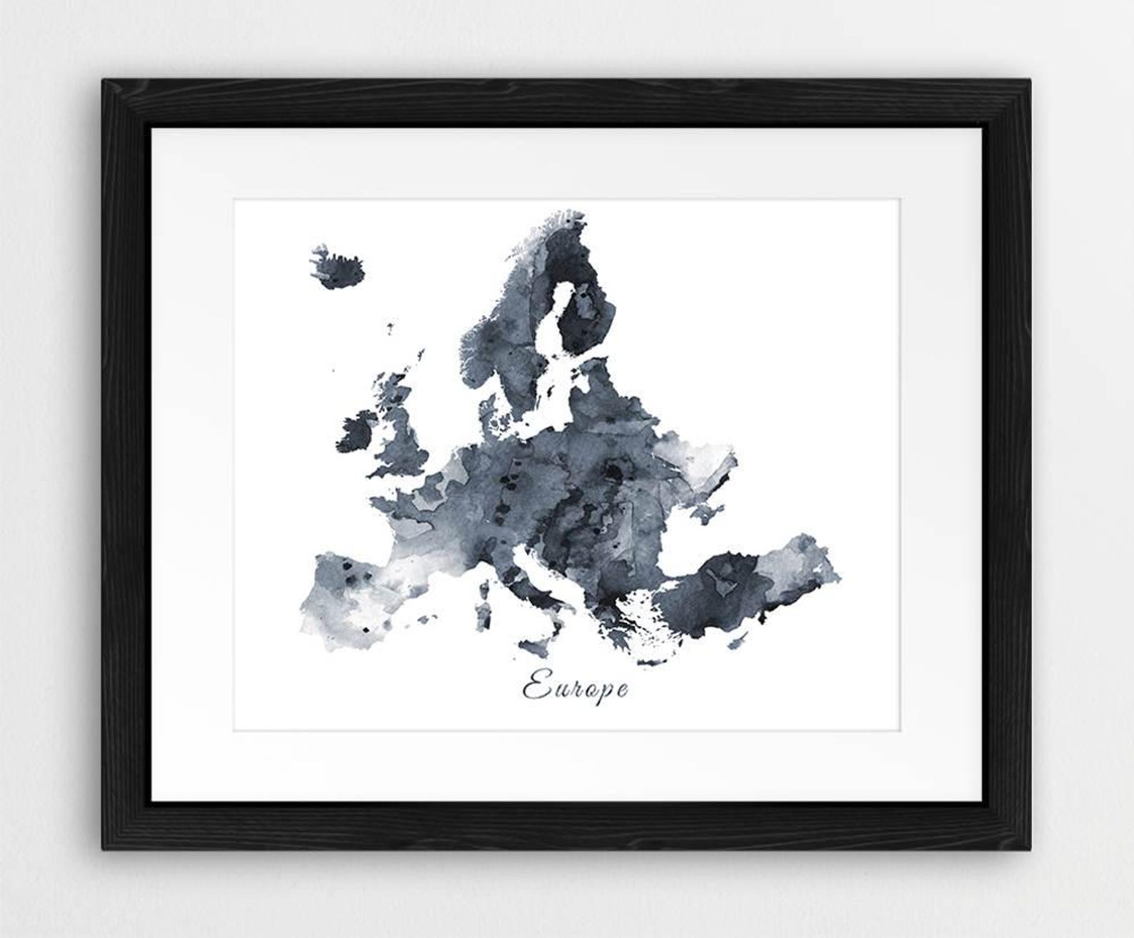 Europe Map Print Europe Watercolor Grey Black and White Etsy