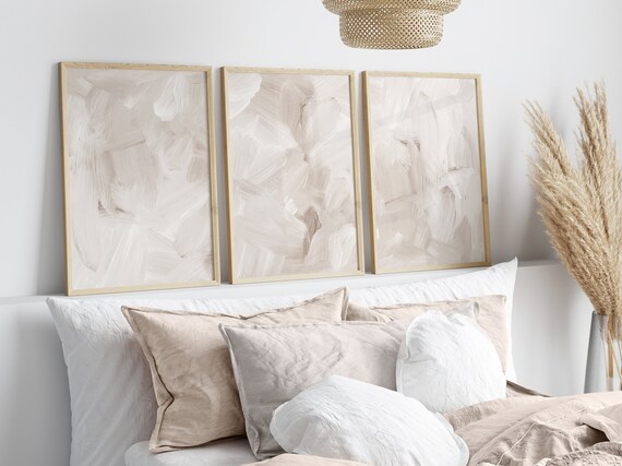 Set of 3 Abstract Print, White Beige Brush Strokes Wall Art, Neutral Soft Tones Minimalist Bedroom Living Room Wall Art Decor, Printable Art