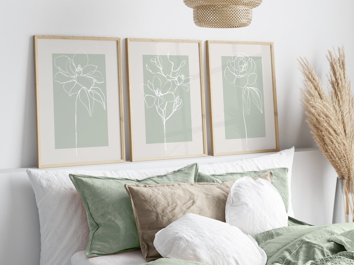 Sage Green Wall Art Prints, Botanical Line Art, Set of 3 Prints ...