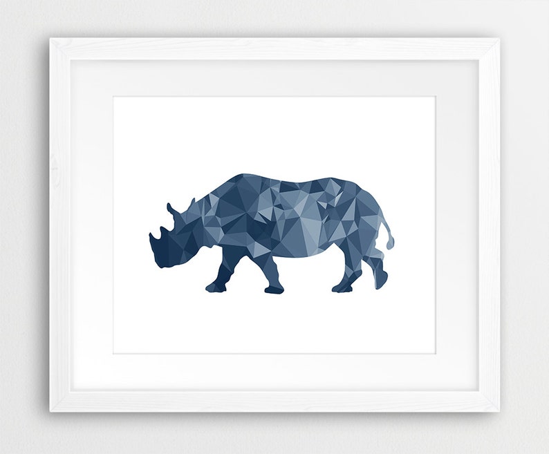 Rhinoceros Print Geometric Animal Wall Art Navy Blue Etsy