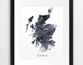 Scotland Map Print, Scotland Watercolor Map, Scotland Art Grey Black White, Scotland UK England Map Wall Art, Modern, Travel, Printable Art
