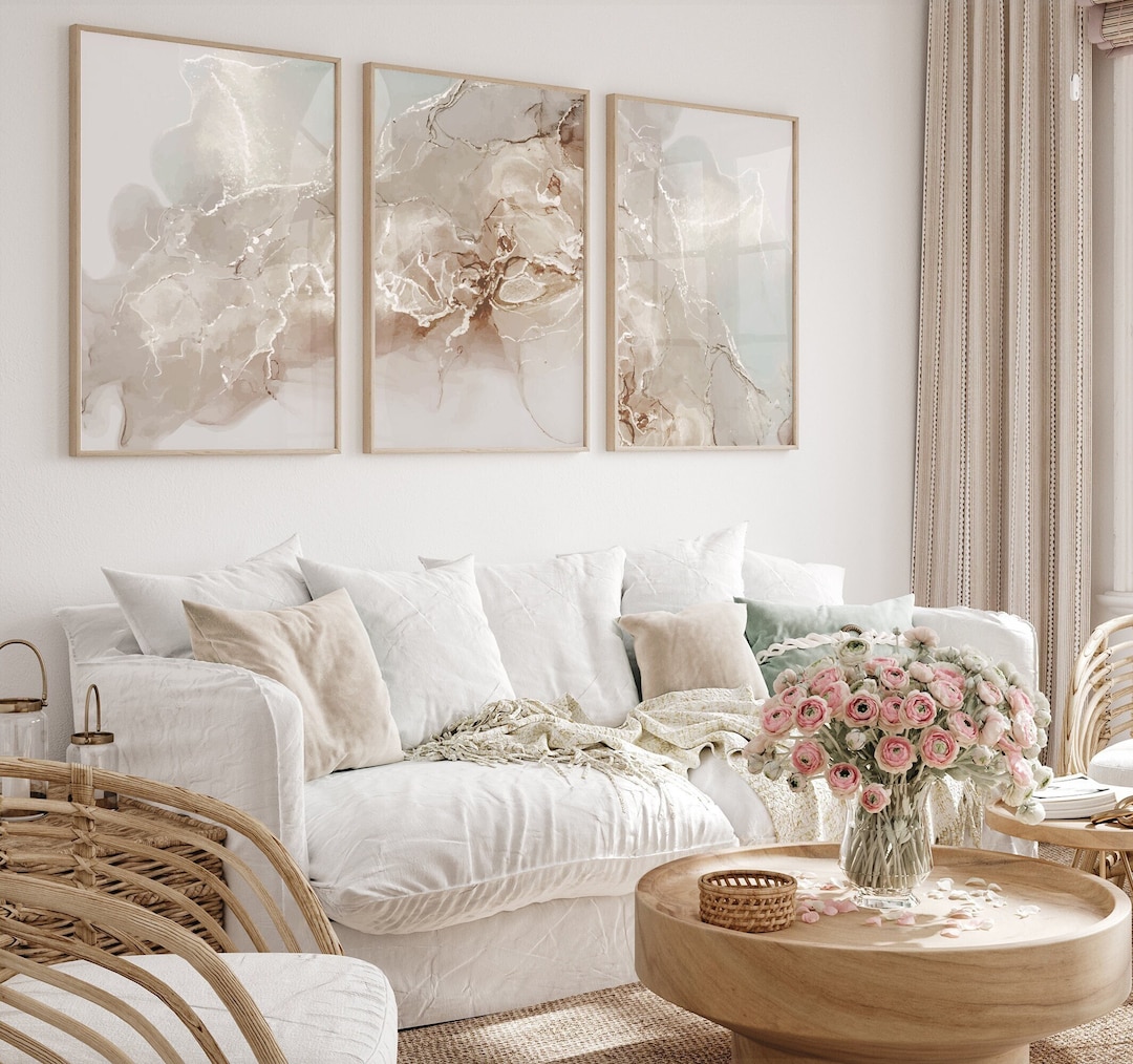 Neutral Abstract Set of 3 Prints, Marble Wall Art Prints, Beige Wall ...