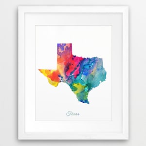 Impression aquarelle de carte du Texas, silhouette du Texas de l'État des États-Unis, aquarelle vert bleu rouge orange, art mural moderne, décoration de bureau à domicile, oeuvre d'art imprimable