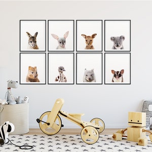 Puede incluir: Un conjunto de ocho impresiones de animales enmarcadas que presentan varios animales australianos, incluyendo un canguro, un equidna, un wombat, un koala, un planeador de az&uacute;car y m&aacute;s. Las impresiones se muestran en una pared blanca en un entorno de guarder&iacute;a.