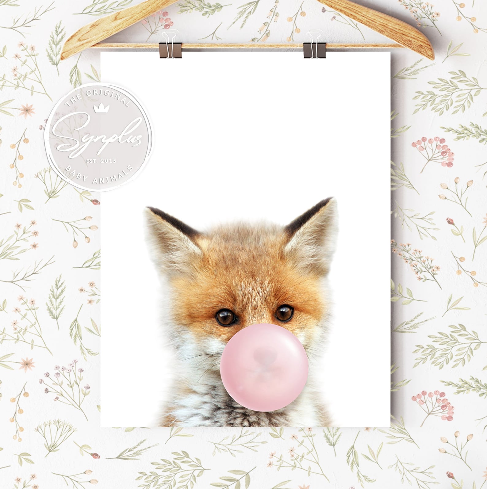 Baby Fox With Pink Bubble Gum, Fox Blowing Bubble Gum, Woodland Nursery ...