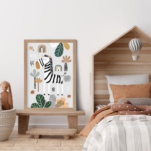 May include: A framed print with a white and black zebra standing in a jungle scene with green leaves, brown trees, and rainbow accents.
