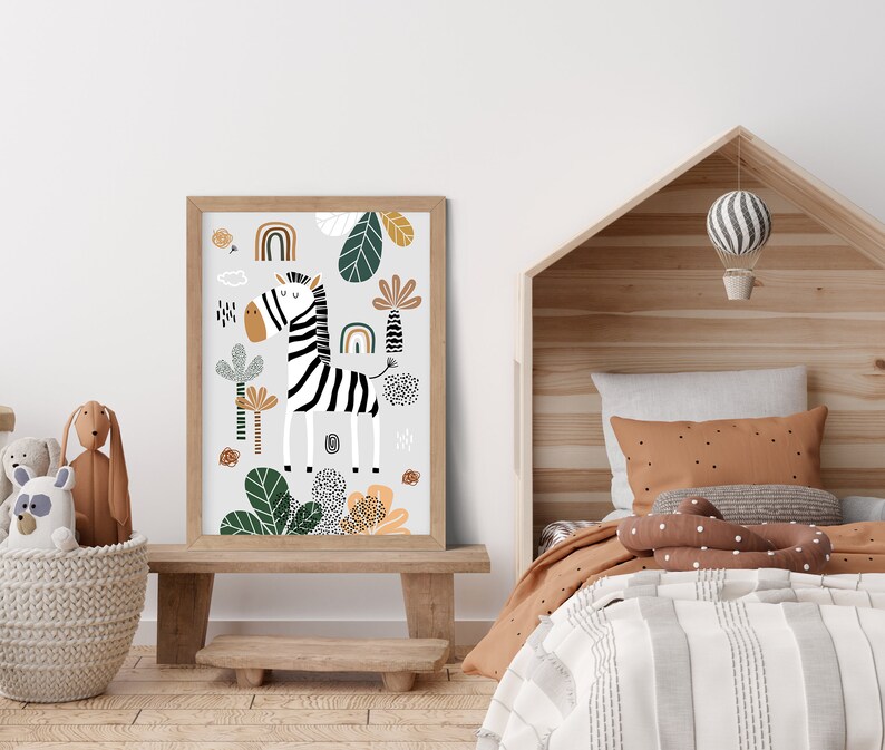 May include: A framed print with a white and black zebra standing in a jungle scene with green leaves, brown trees, and rainbow accents.