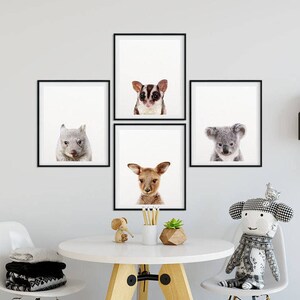 Puede incluir: Cuatro impresiones enmarcadas en negro de animales australianos, incluyendo un koala, un wombat, un planeador de az&uacute;car y un canguro. Las impresiones est&aacute;n colgadas en una pared blanca sobre una mesa blanca con una silla de madera y un animal de peluche.