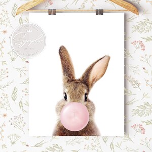 Baby Bunny Print, Baby Rabbit With Pink Bubble Gum, Woodland Nursery Decor, Baby Girl Nursery Wall Art, Baby Animals Printable Art, Synplus image 2