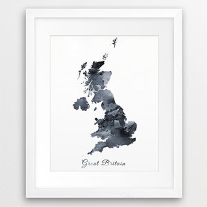 Großbritannien Karte Druck, Großbritannien Aquarell Grau Schwarz Weiß, Großbritannien Aquarell Druck, UK England Karte Wandkunst, druckbare Kunst
