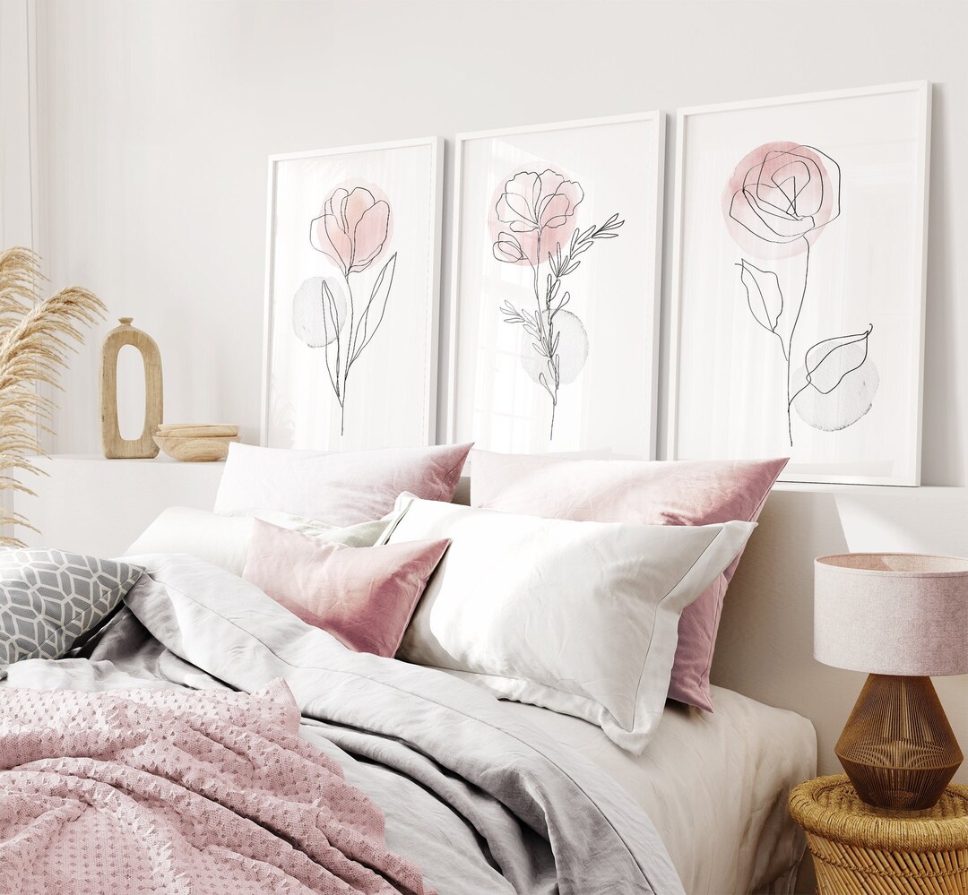 Set of 3 Botanical Line Art Prints, Pink & Gray Watercolor Wall Art ...