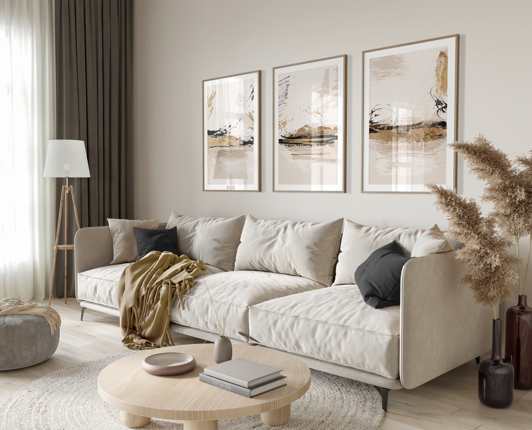 Set of 3 Abstract Print, Beige Black and Gold Painting Wall Art, Modern ...