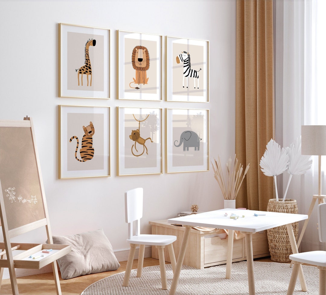 Safari Nursery Wall Prints, Boho Nursery Set of 6 Prints, Beige White ...