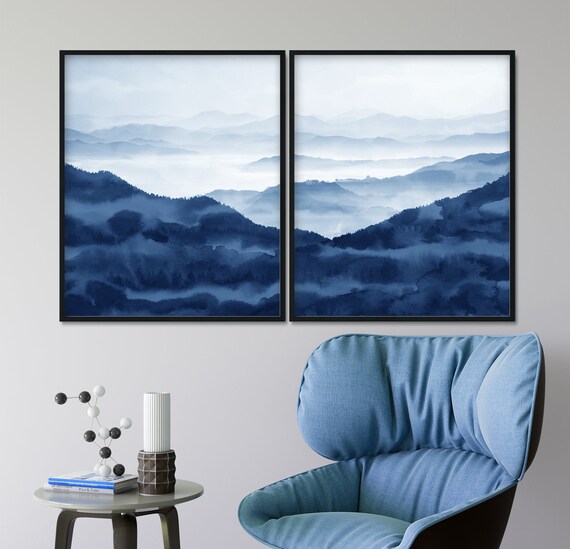 Mountain Print Set of 2 Prints Abstract Watercolor Art Blue | Etsy