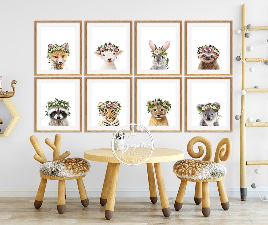Nursery Animal Prints, Baby Animals Flower Crown, Set 8, Nursery Decor ...